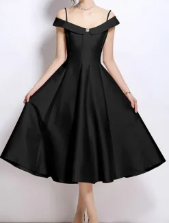 A-Line Party Dresses Elegant Dress Wedding Wedding Guest Tea Length Sleeveless Off Shoulder Polyester Backless with Pleats