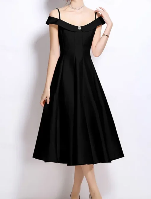 A-Line Party Dresses Elegant Dress Wedding Wedding Guest Tea Length Sleeveless Off Shoulder Polyester Backless with Pleats