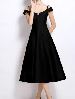 A-Line Party Dresses Elegant Dress Wedding Wedding Guest Tea Length Sleeveless Off Shoulder Polyester Backless with Pleats