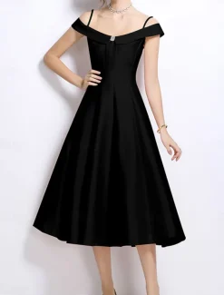 A-Line Party Dresses Elegant Dress Wedding Wedding Guest Tea Length Sleeveless Off Shoulder Polyester Backless with Pleats
