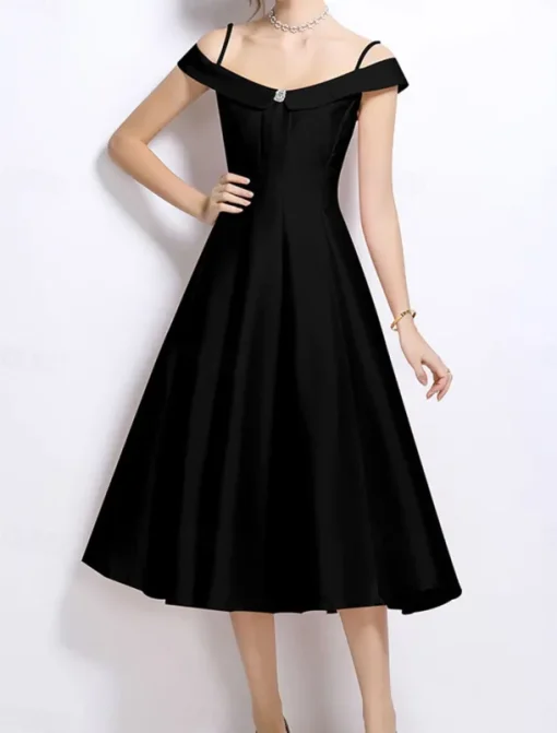 A-Line Party Dresses Elegant Dress Wedding Wedding Guest Tea Length Sleeveless Off Shoulder Polyester Backless with Pleats