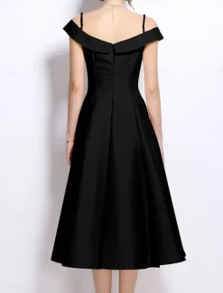 A-Line Party Dresses Elegant Dress Wedding Wedding Guest Tea Length Sleeveless Off Shoulder Polyester Backless with Pleats