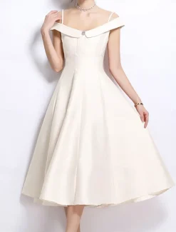 A-Line Party Dresses Elegant Dress Wedding Wedding Guest Tea Length Sleeveless Off Shoulder Polyester Backless with Pleats