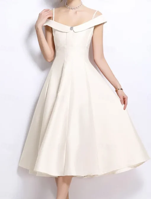 A-Line Party Dresses Elegant Dress Wedding Wedding Guest Tea Length Sleeveless Off Shoulder Polyester Backless with Pleats