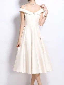 A-Line Party Dresses Elegant Dress Wedding Wedding Guest Tea Length Sleeveless Off Shoulder Polyester Backless with Pleats