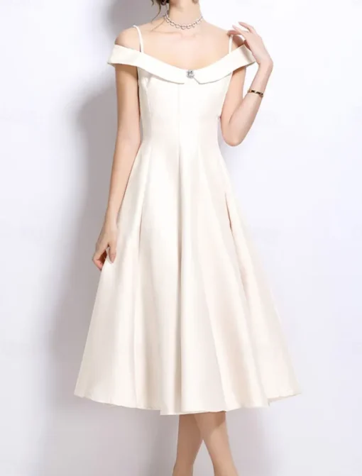 A-Line Party Dresses Elegant Dress Wedding Wedding Guest Tea Length Sleeveless Off Shoulder Polyester Backless with Pleats