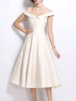 A-Line Party Dresses Elegant Dress Wedding Wedding Guest Tea Length Sleeveless Off Shoulder Polyester Backless with Pleats