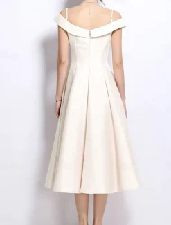 A-Line Party Dresses Elegant Dress Wedding Wedding Guest Tea Length Sleeveless Off Shoulder Polyester Backless with Pleats