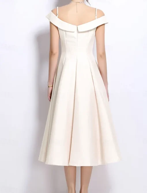 A-Line Party Dresses Elegant Dress Wedding Wedding Guest Tea Length Sleeveless Off Shoulder Polyester Backless with Pleats