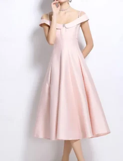 A-Line Party Dresses Elegant Dress Wedding Wedding Guest Tea Length Sleeveless Off Shoulder Polyester Backless with Pleats