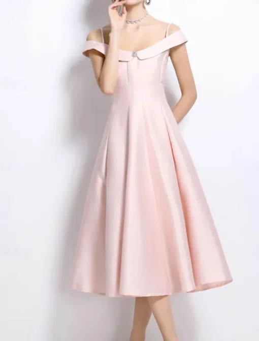 A-Line Party Dresses Elegant Dress Wedding Wedding Guest Tea Length Sleeveless Off Shoulder Polyester Backless with Pleats