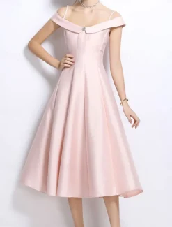 A-Line Party Dresses Elegant Dress Wedding Wedding Guest Tea Length Sleeveless Off Shoulder Polyester Backless with Pleats