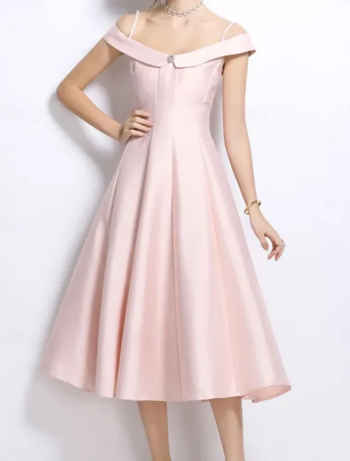A-Line Party Dresses Elegant Dress Wedding Wedding Guest Tea Length Sleeveless Off Shoulder Polyester Backless with Pleats