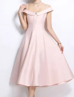 A-Line Party Dresses Elegant Dress Wedding Wedding Guest Tea Length Sleeveless Off Shoulder Polyester Backless with Pleats