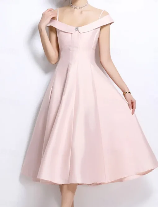 A-Line Party Dresses Elegant Dress Wedding Wedding Guest Tea Length Sleeveless Off Shoulder Polyester Backless with Pleats