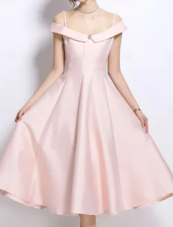 A-Line Party Dresses Elegant Dress Wedding Wedding Guest Tea Length Sleeveless Off Shoulder Polyester Backless with Pleats