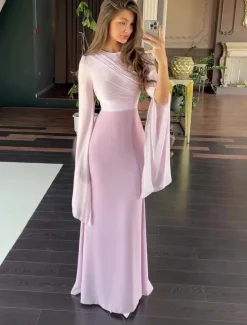 A-Line Party Dresses Elegant Dress Formal Wedding Floor Length Long Sleeve Crew Neck Satin with Embroidery