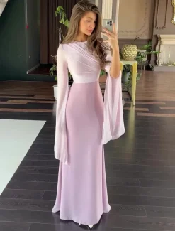 A-Line Party Dresses Elegant Dress Formal Wedding Floor Length Long Sleeve Crew Neck Satin with Embroidery