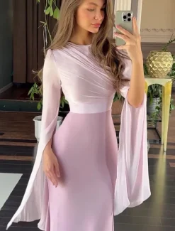A-Line Party Dresses Elegant Dress Formal Wedding Floor Length Long Sleeve Crew Neck Satin with Embroidery