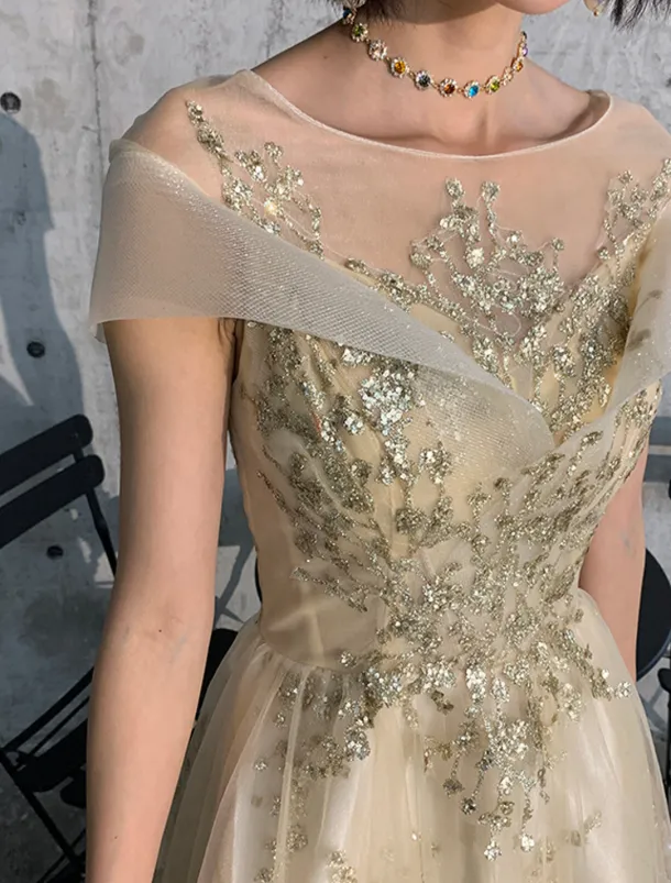 A-Line Prom Dress Wedding Guest Elegant Jewel Neck Floor Length Tulle Short Sleeve with Pleats Appliques free custom size