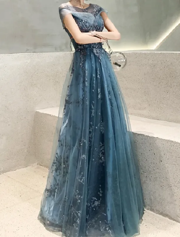 A-Line Prom Dress Wedding Guest Elegant Jewel Neck Floor Length Tulle Short Sleeve with Pleats Appliques free custom size