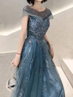 A-Line Prom Dress Wedding Guest Elegant Jewel Neck Floor Length Tulle Short Sleeve with Pleats Appliques free custom size