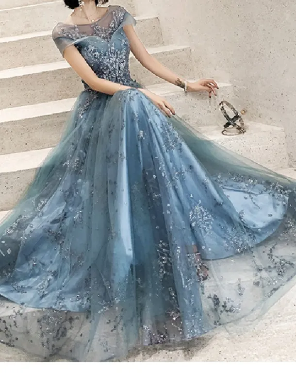 A-Line Prom Dress Wedding Guest Elegant Jewel Neck Floor Length Tulle Short Sleeve with Pleats Appliques free custom size