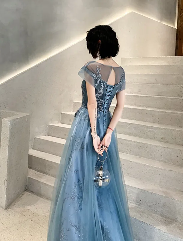 A-Line Prom Dress Wedding Guest Elegant Jewel Neck Floor Length Tulle Short Sleeve with Pleats Appliques free custom size