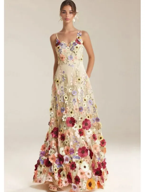 A-Line Prom Dresses Beach Wedding Elegant Dress Formal Wedding Floor Length Sleeveless Spaghetti Strap with Floral Print Embroidery