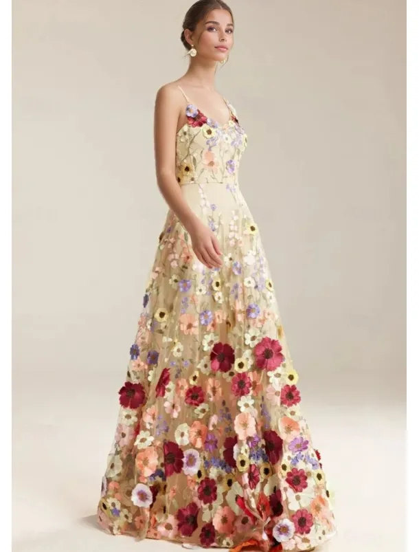 A-Line Prom Dresses Beach Wedding Elegant Dress Formal Wedding Floor Length Sleeveless Spaghetti Strap with Floral Print Embroidery