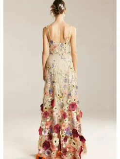 A-Line Prom Dresses Beach Wedding Elegant Dress Formal Wedding Floor Length Sleeveless Spaghetti Strap with Floral Print Embroidery