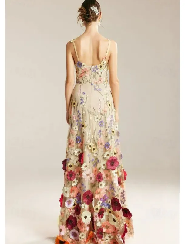 A-Line Prom Dresses Beach Wedding Elegant Dress Formal Wedding Floor Length Sleeveless Spaghetti Strap with Floral Print Embroidery