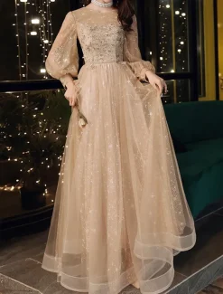 A-Line Prom Dresses Cute Dress Wedding Guest Party Wear Floor Length Long Sleeve Jewel Neck Tulle with Sequin Appliques