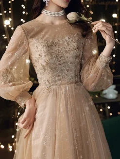 A-Line Prom Dresses Cute Dress Wedding Guest Party Wear Floor Length Long Sleeve Jewel Neck Tulle with Sequin Appliques