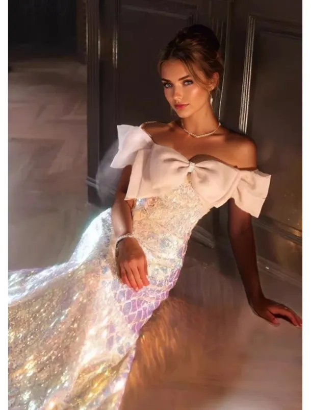 A-Line Prom Dresses Elegant Dress Formal Wedding Floor Length Short Sleeve Off ShoulderDress Sequined with Glitter Bow(s)