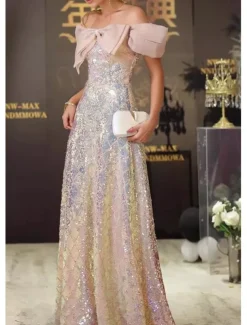 A-Line Prom Dresses Elegant Dress Formal Wedding Floor Length Short Sleeve Off ShoulderDress Sequined with Glitter Bow(s)