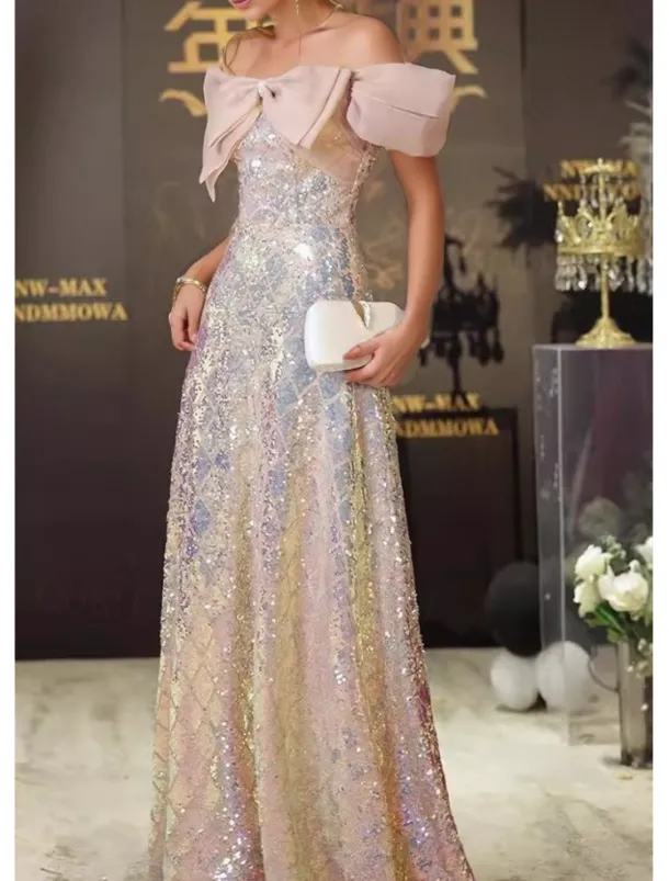 A-Line Prom Dresses Elegant Dress Formal Wedding Floor Length Short Sleeve Off ShoulderDress Sequined with Glitter Bow(s)