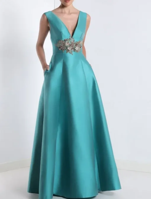 A-Line Prom Dresses Elegant Dress Formal Prom Floor Length Sleeveless V Neck Pocket Satin with Appliques