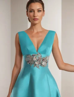 A-Line Prom Dresses Elegant Dress Formal Prom Floor Length Sleeveless V Neck Pocket Satin with Appliques