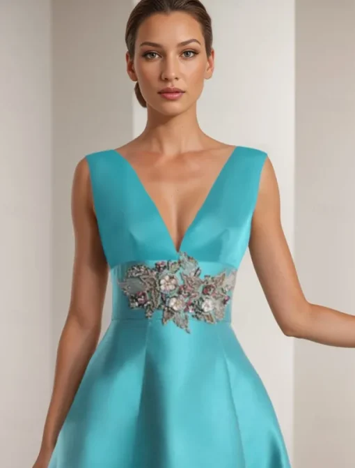 A-Line Prom Dresses Elegant Dress Formal Prom Floor Length Sleeveless V Neck Pocket Satin with Appliques