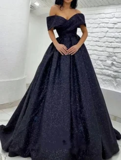 A-Line Prom Dresses Elegant Dress Black Tie Gala Sweep / Brush Train Short Sleeve Off Shoulder Sequined with Glitter Pleats
