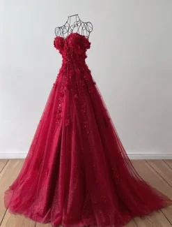 A-Line Prom Dresses Elegant Dress Formal Sweep / Brush Train Sleeveless Sweetheart Tulle with Pleats Sequin Appliques Masquerade Dress