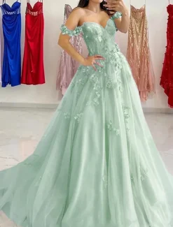 A-Line Prom Dresses Elegant Dress Formal Sweep / Brush Train Sleeveless Sweetheart Tulle with Pleats Sequin Appliques Masquerade Dress