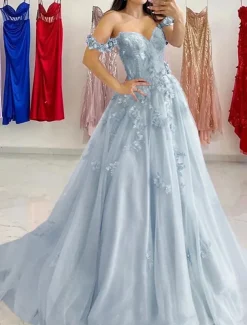 A-Line Prom Dresses Elegant Dress Formal Sweep / Brush Train Sleeveless Sweetheart Tulle with Pleats Sequin Appliques Masquerade Dress