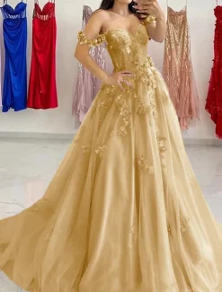 A-Line Prom Dresses Elegant Dress Formal Sweep / Brush Train Sleeveless Sweetheart Tulle with Pleats Sequin Appliques Masquerade Dress