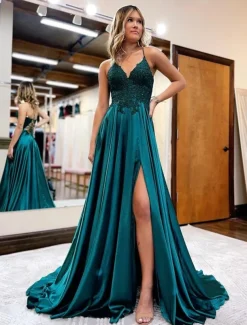 A-Line Prom Dresses Empire Dress Formal Wedding Guest Court Train Sleeveless V Neck Satin Backless with Beading Appliques