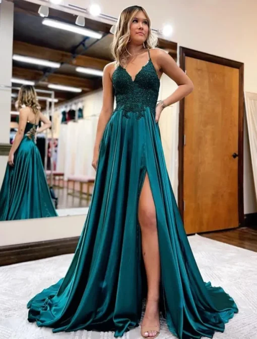 A-Line Prom Dresses Empire Dress Formal Wedding Guest Court Train Sleeveless V Neck Satin Backless with Beading Appliques