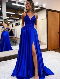 A-Line Prom Dresses Empire Dress Formal Wedding Guest Court Train Sleeveless V Neck Satin Backless with Beading Appliques