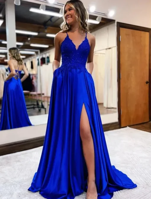 A-Line Prom Dresses Empire Dress Formal Wedding Guest Court Train Sleeveless V Neck Satin Backless with Beading Appliques