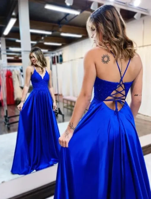A-Line Prom Dresses Empire Dress Formal Wedding Guest Court Train Sleeveless V Neck Satin Backless with Beading Appliques